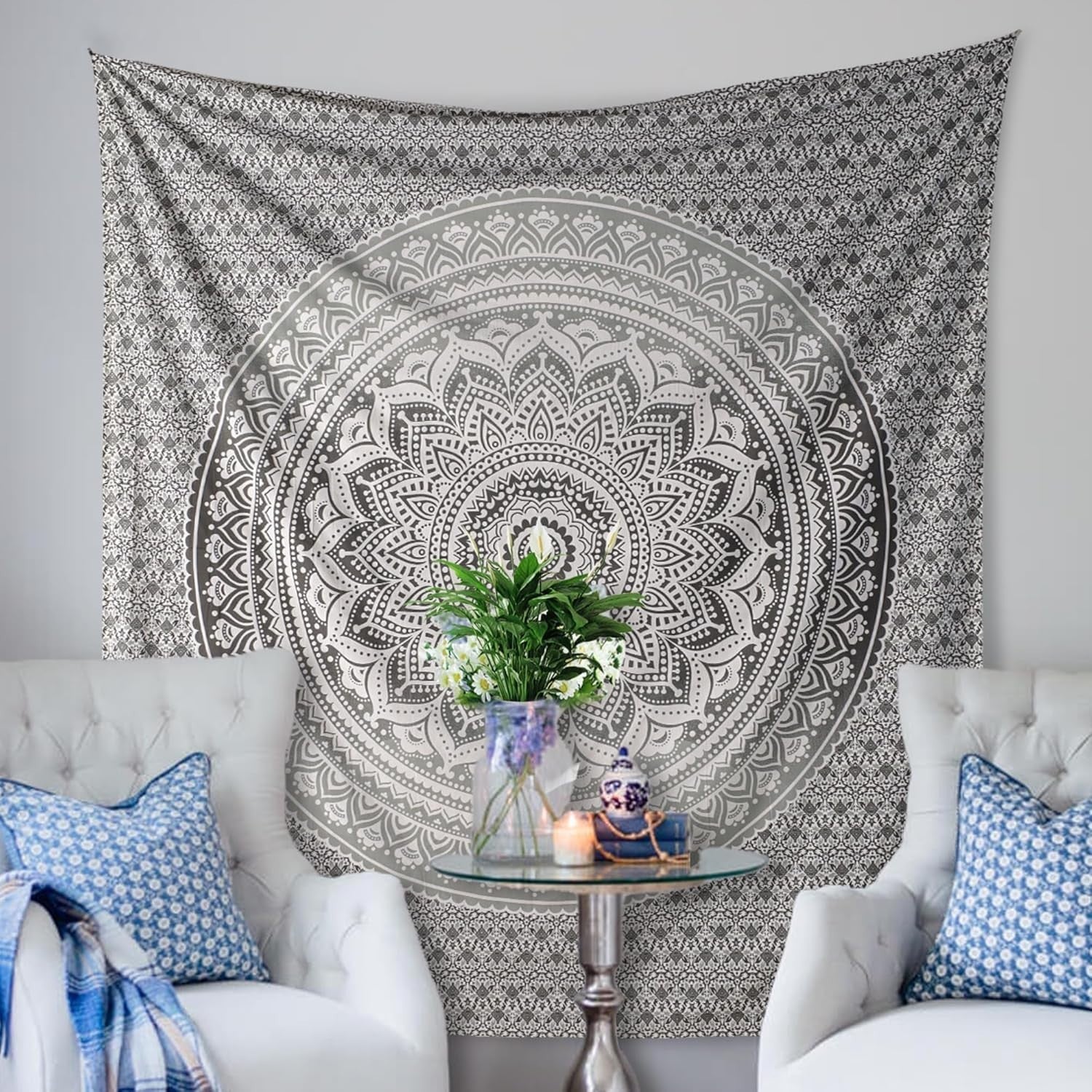 Hippie Mandala Wall Hanging Black White Boho Tapestry 85x90in