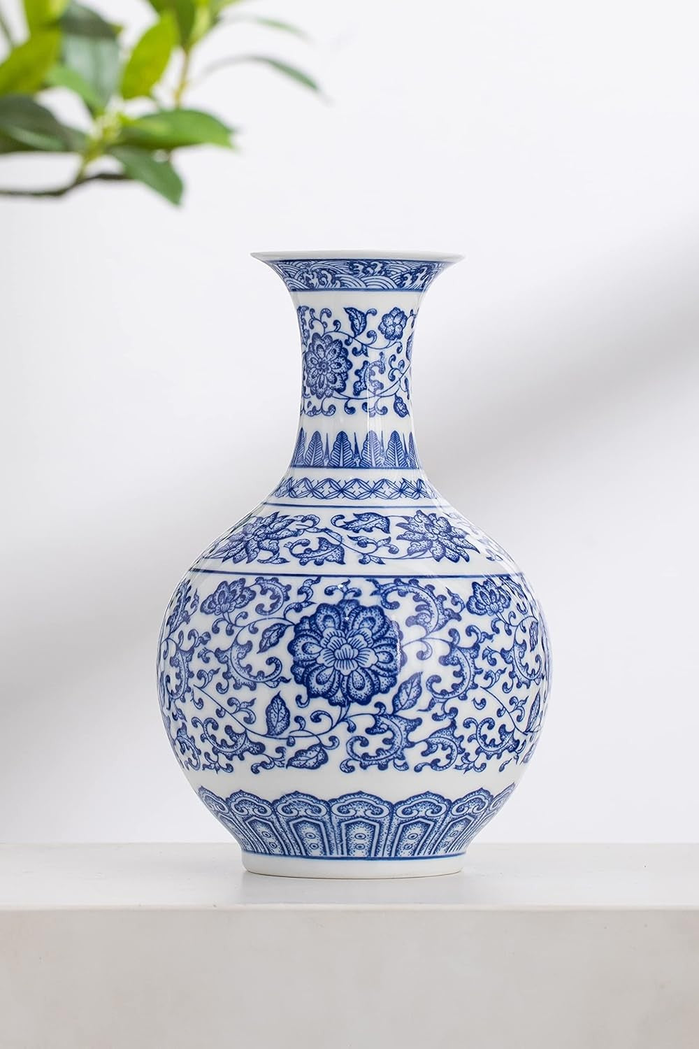 Blue White Chinoiserie Ceramic Vase 9.5in Glossy Floral Table Decor