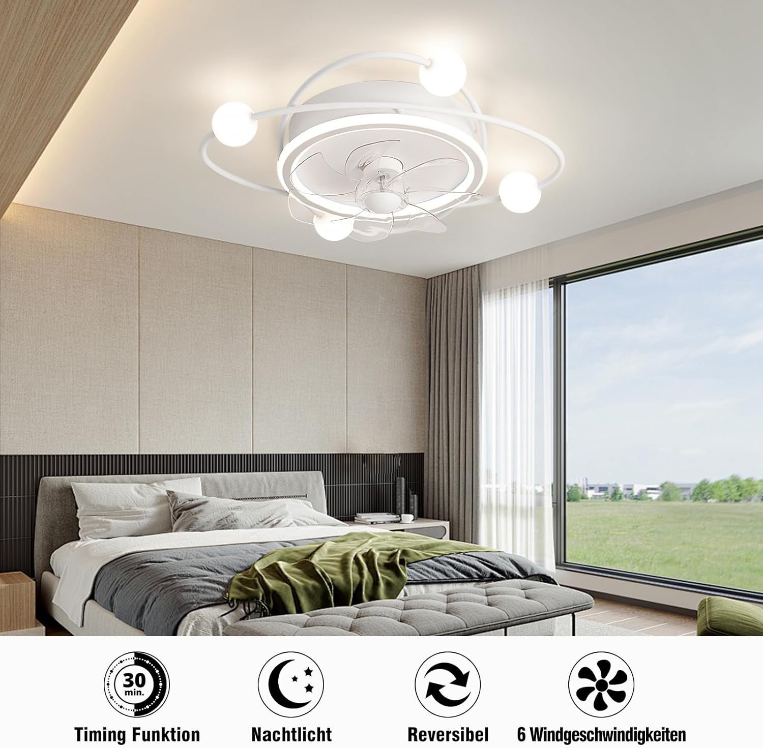 Modern 58CM Ceiling Fan with LED Light, 6-Speed, DC Motor, Remote & App