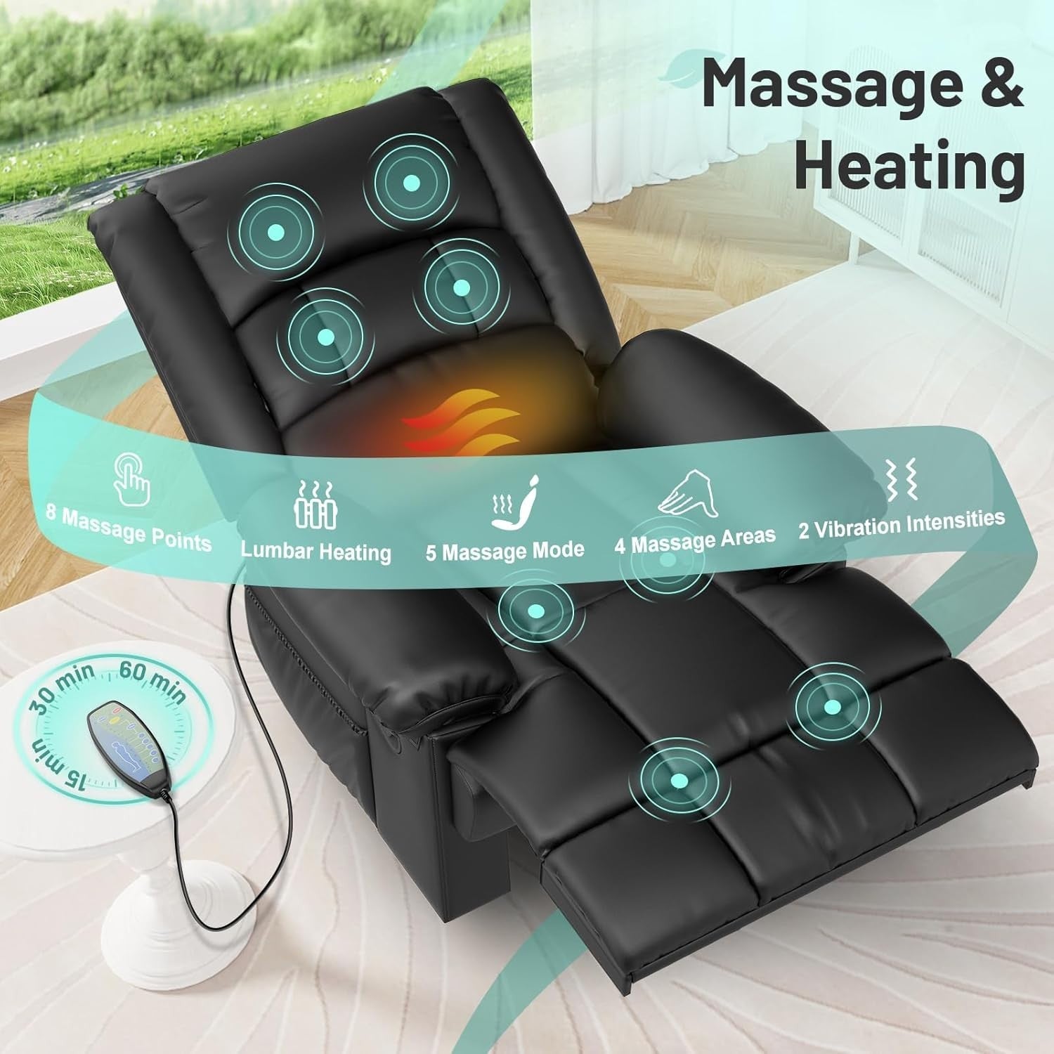 Recliner Armchair Massage Heat Padded Sofa Chair Adjustable Backrest Legrest