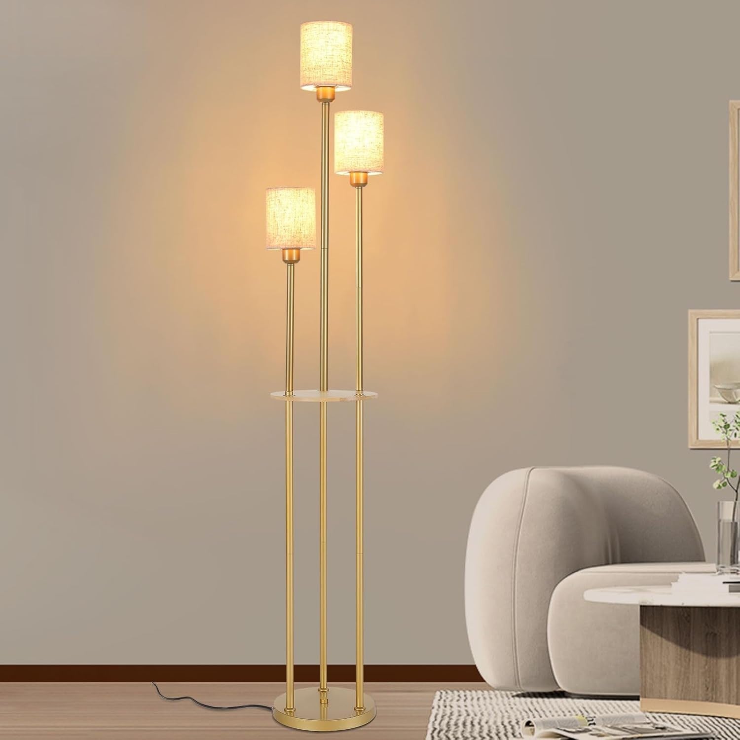 Modern 3-Light LED Floor Lamp with Shelves, Fabric Shade & Foot Switch