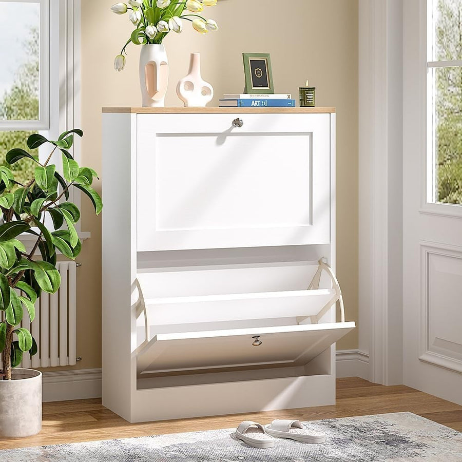 2 Drawer Flip Door Shoe Cabinet with Adjustable Shelves 58x24x80 cm White