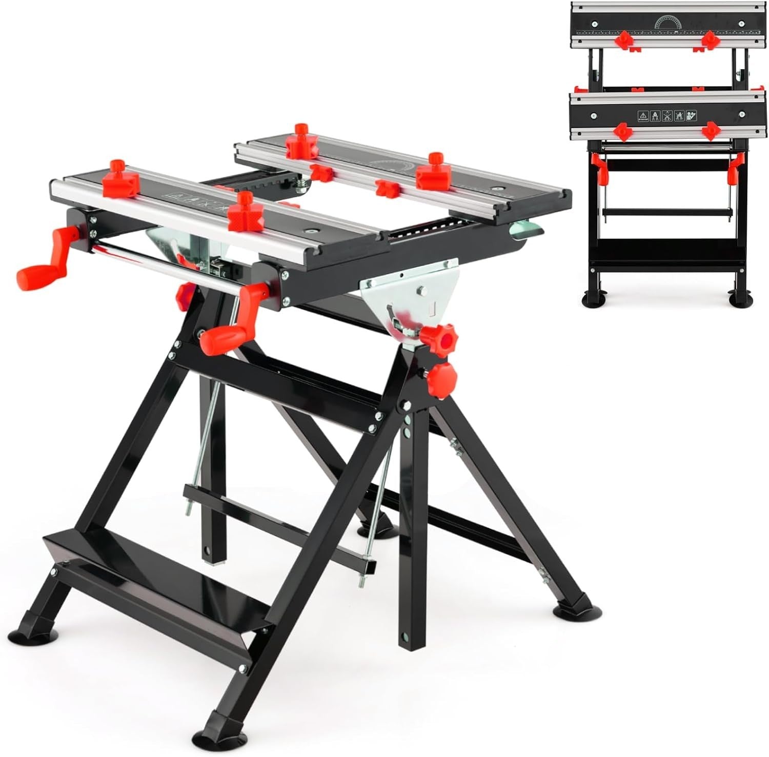 Red Folding Adjustable Workbench Tiltable Table 7-Height Portable 75x60