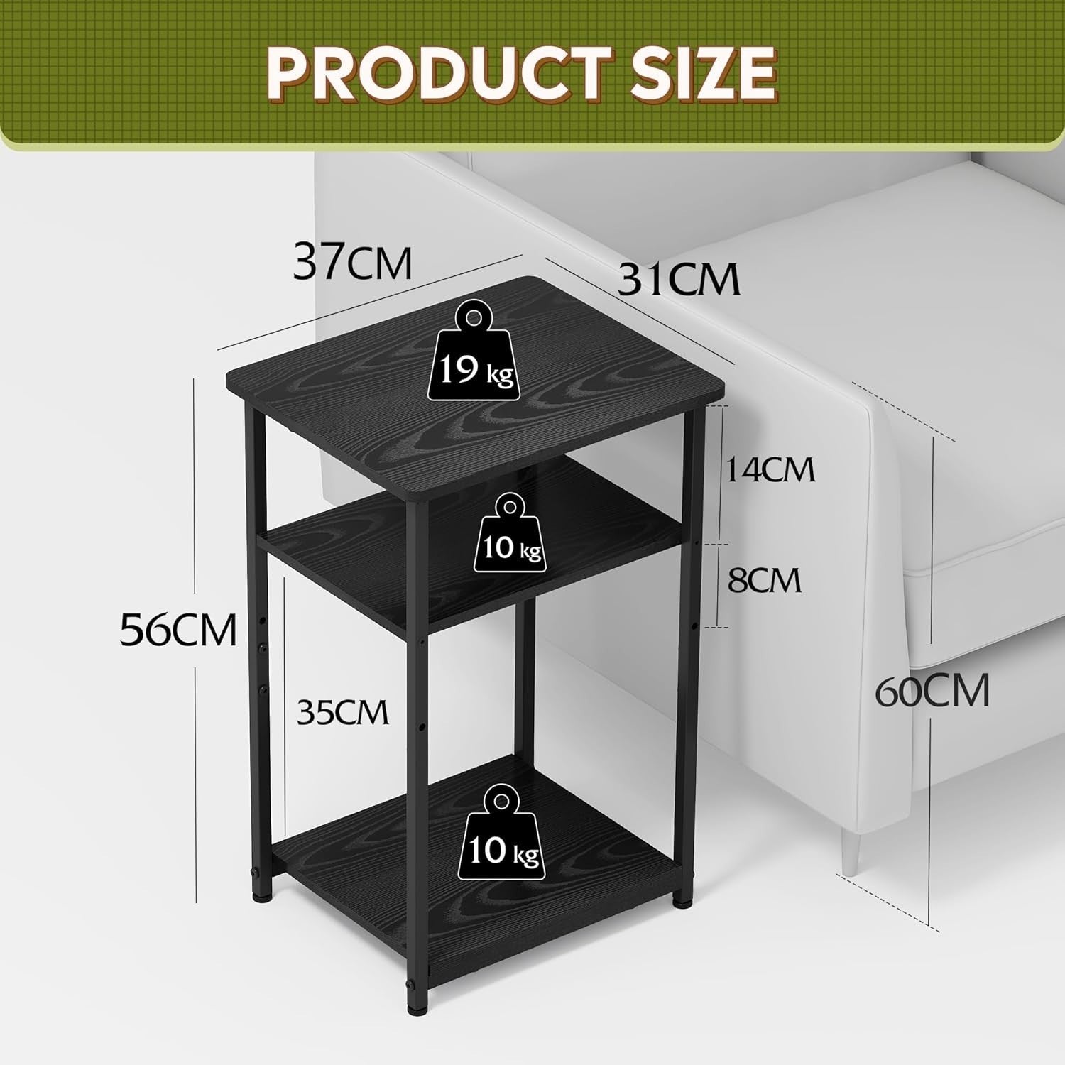 3-Tier Side Table – 56x37x31cm End Table Embossed Black Steel Frame