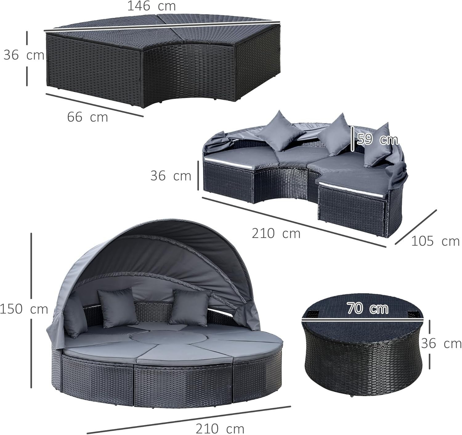 Luxury 4-Piece Rattan Garden Daybed Set w/ Canopy & Table – Round Sofa
