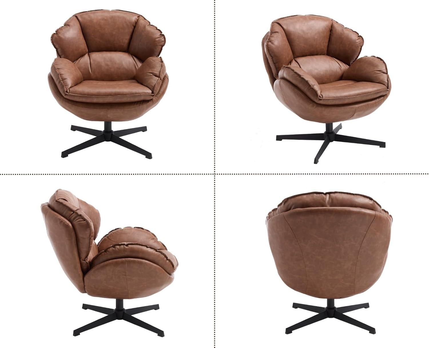 Brown PU Leather Swivel Accent Chair 360° Tub Armchair Reading Seat