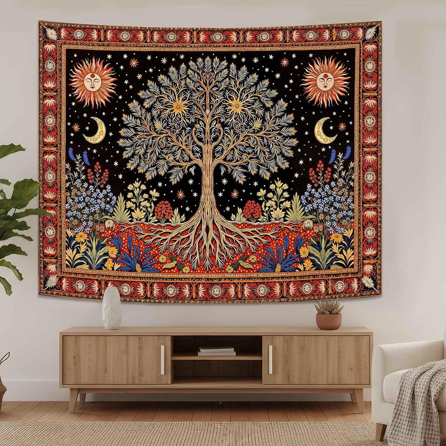 Large Celestial Sun & Moon Tree of Life Tapestry Boho 90x70