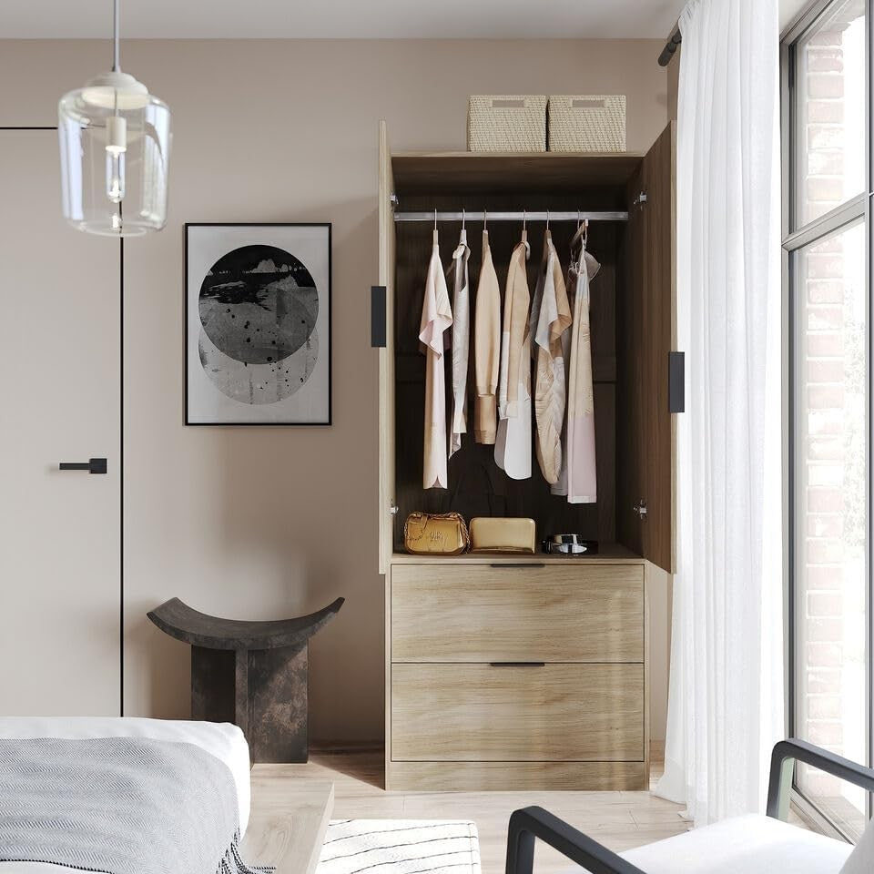 Tall Oak Bedroom Wardrobe 2 Door 2 Drawer Storage Hanging Rail Unit