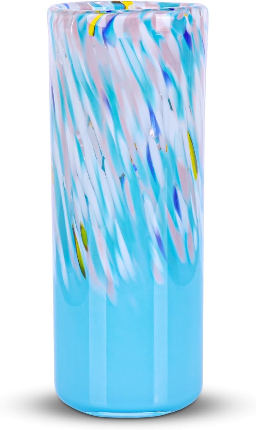 Hand Blown Blue Glass Vase 24cm Tall Modern Flower Centerpiece Decor