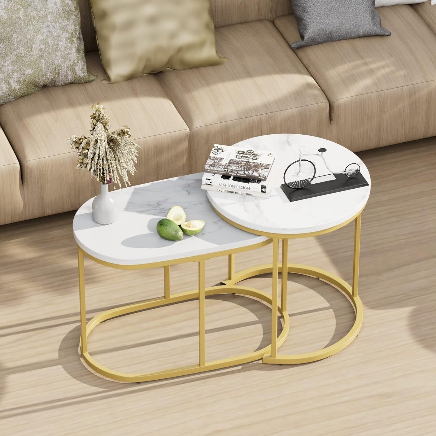 2-Piece Nesting Coffee Tables Set Marble Top Metal Frame Space Saving