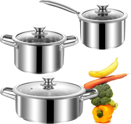 6pcs Stainless Steel Cookware Set – Non Stick Pots & Pans with Glass Lids