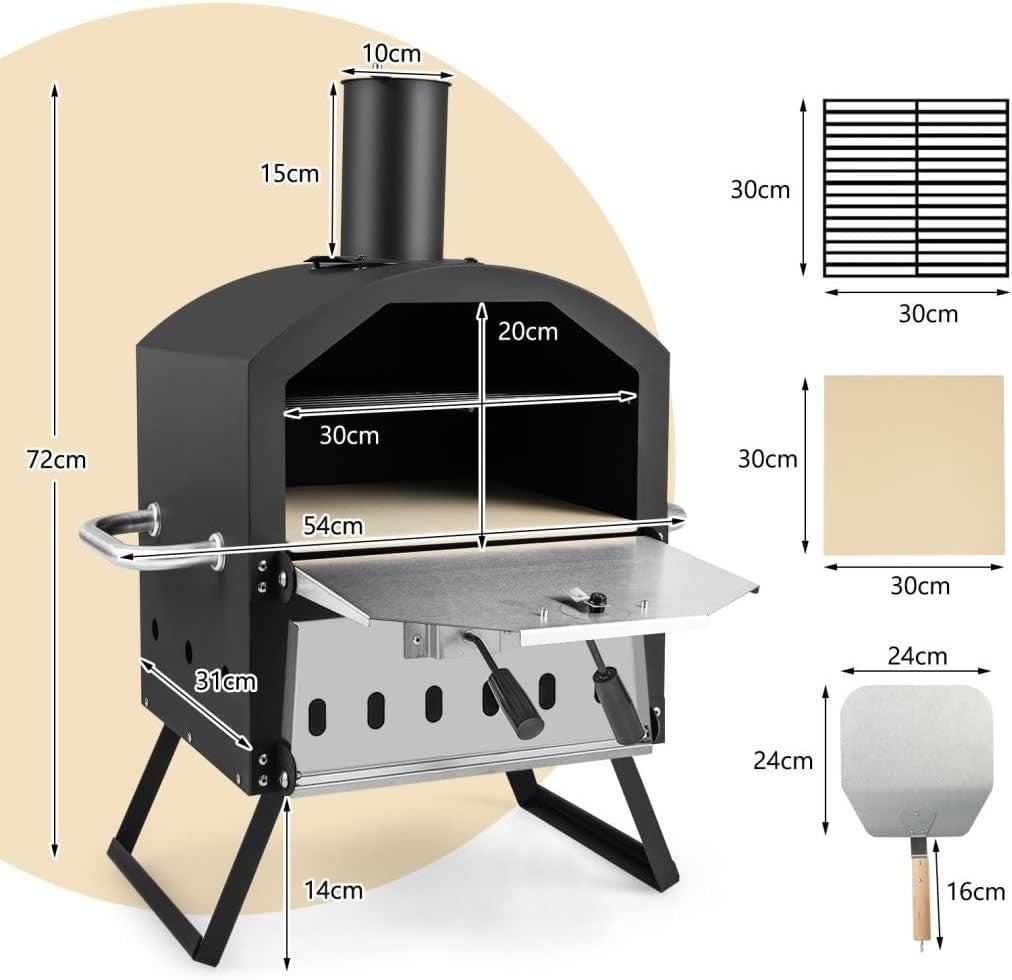 2-Tier Outdoor Wood Fired Pizza Oven BBQ Grill Cooker w Stone & Cover 54x31x72cm