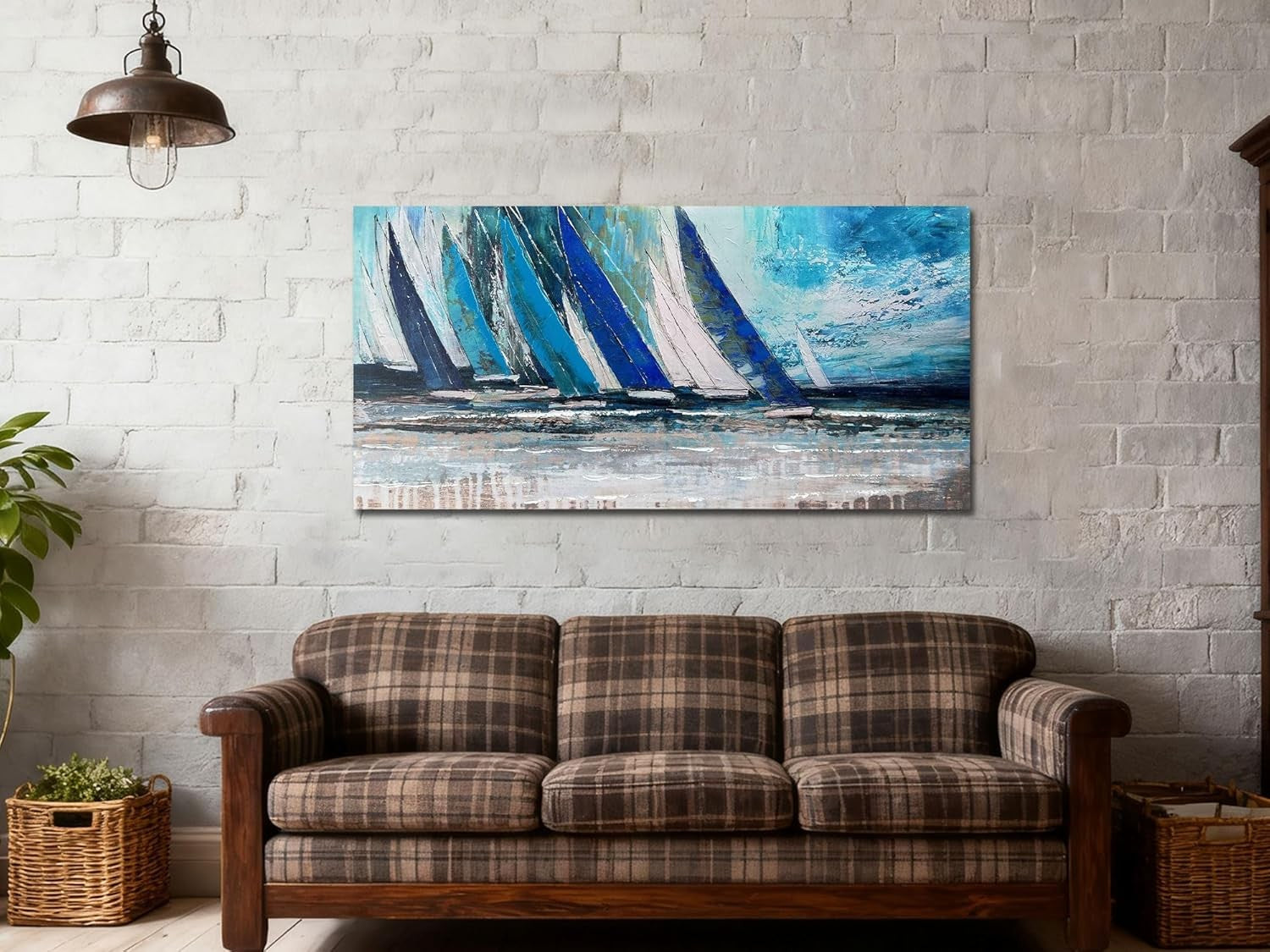 40×20″ Teal Ocean Sailboat Canvas Wall Art – Modern Nautical Decor