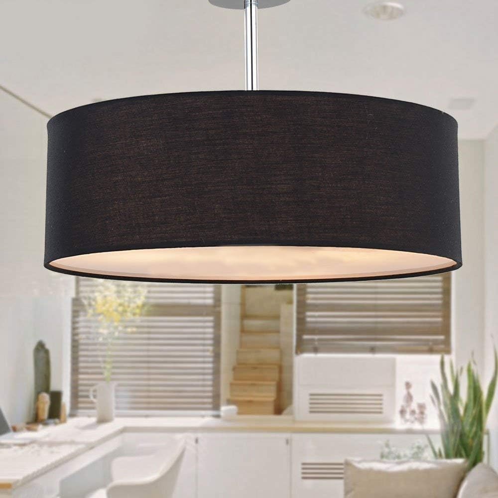 Modern 3-Light Fabric Drum Ceiling Pendant Light Fixture Black 45.5cm