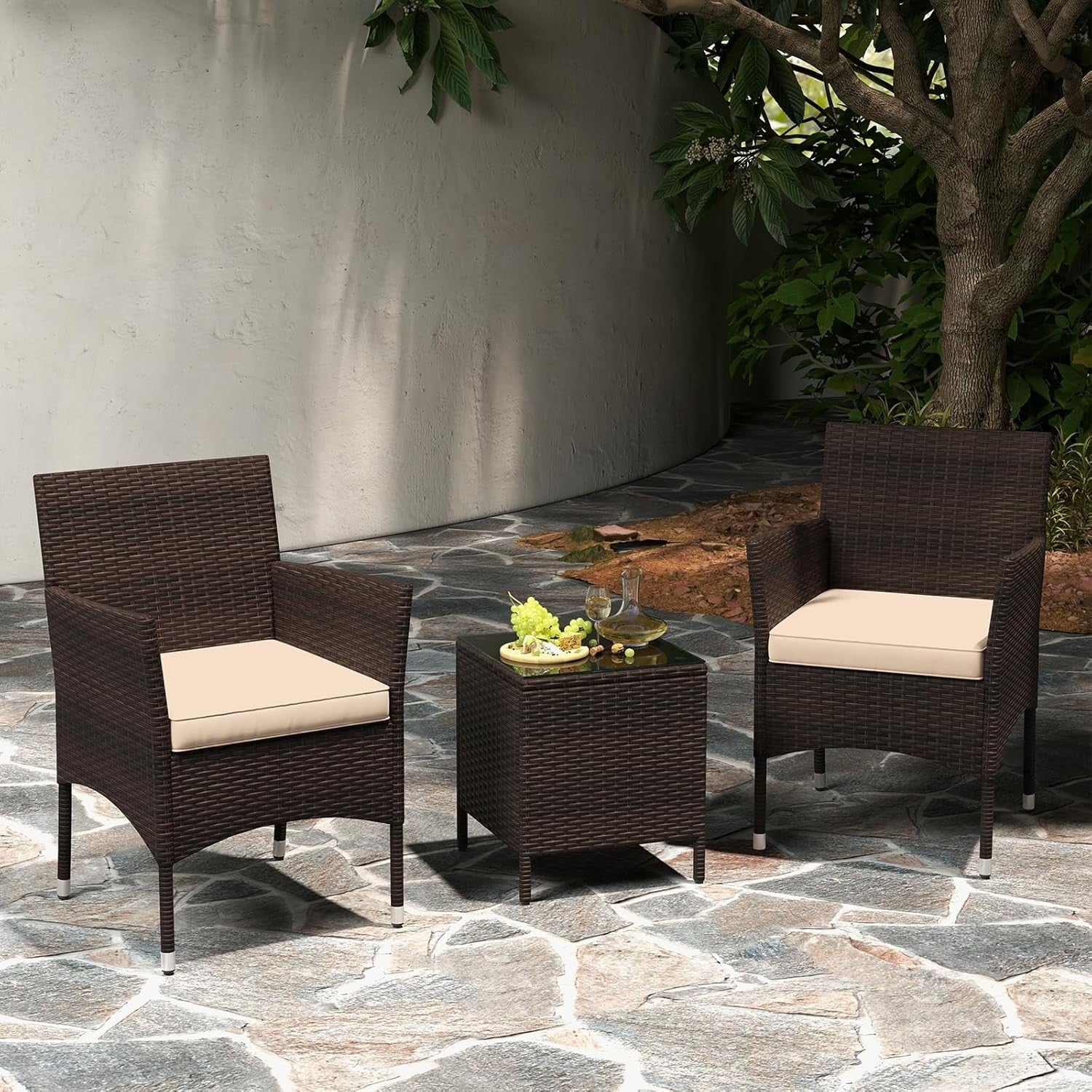 3PC Rattan Bistro Set Outdoor Patio Chairs with Table Cushioned Garden Set