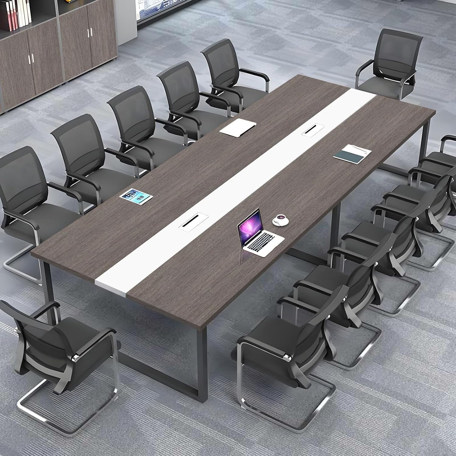 Gray Oak + White Conference Table 240cm w/ Metal Frame & Durable Top