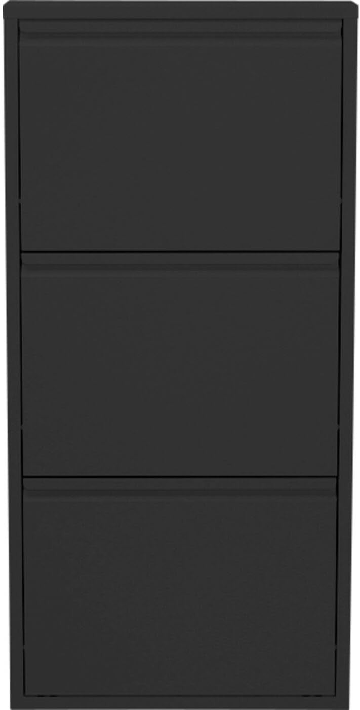 Slim Black Shoe Cabinet 3 Flip Compartments Space-Saving Storage Rack