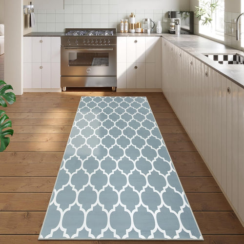 Blue Runner Rug 80x300cm Trellis Non-Slip Soft Hallway Carpet Modern Easy Clean