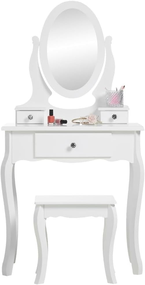 Kids White Wooden Dressing Table with Mirror & Stool Girls Vanity Set