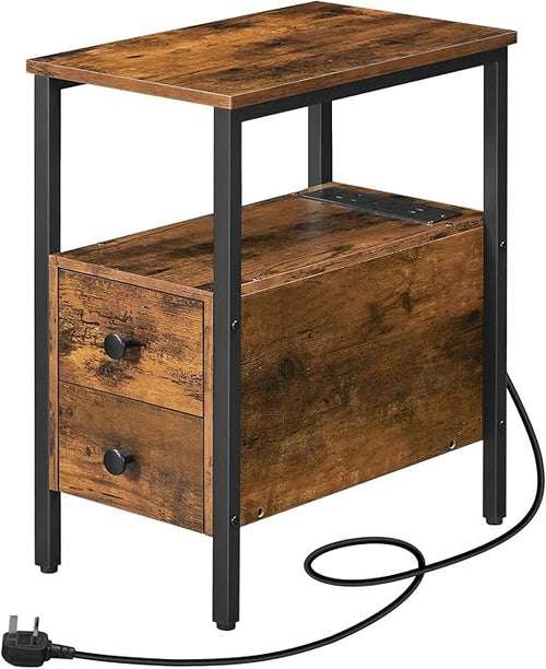 Narrow Rustic Bedside Table with Charging Station, USB Ports, 2 Drawers, Slim