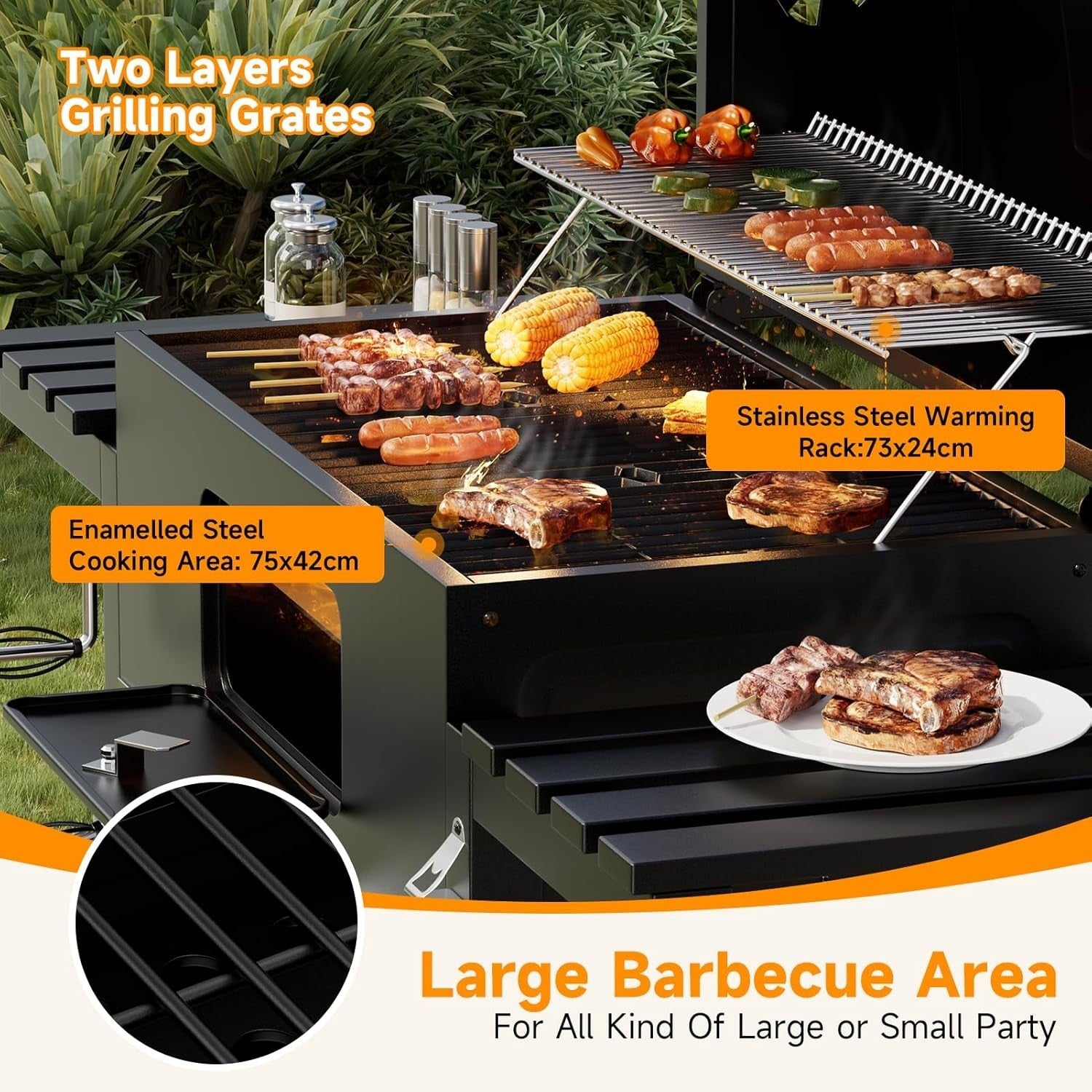 XXXL Charcoal BBQ Smoker Grill with 2 Folding Tables, Thermometer