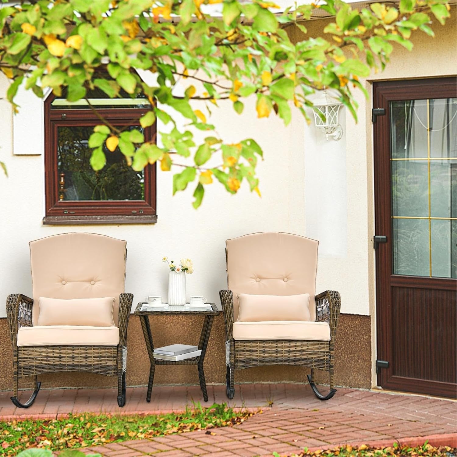 3pc Outdoor Rattan Rocking Bistro Set Cushioned Chairs Glass Table Patio