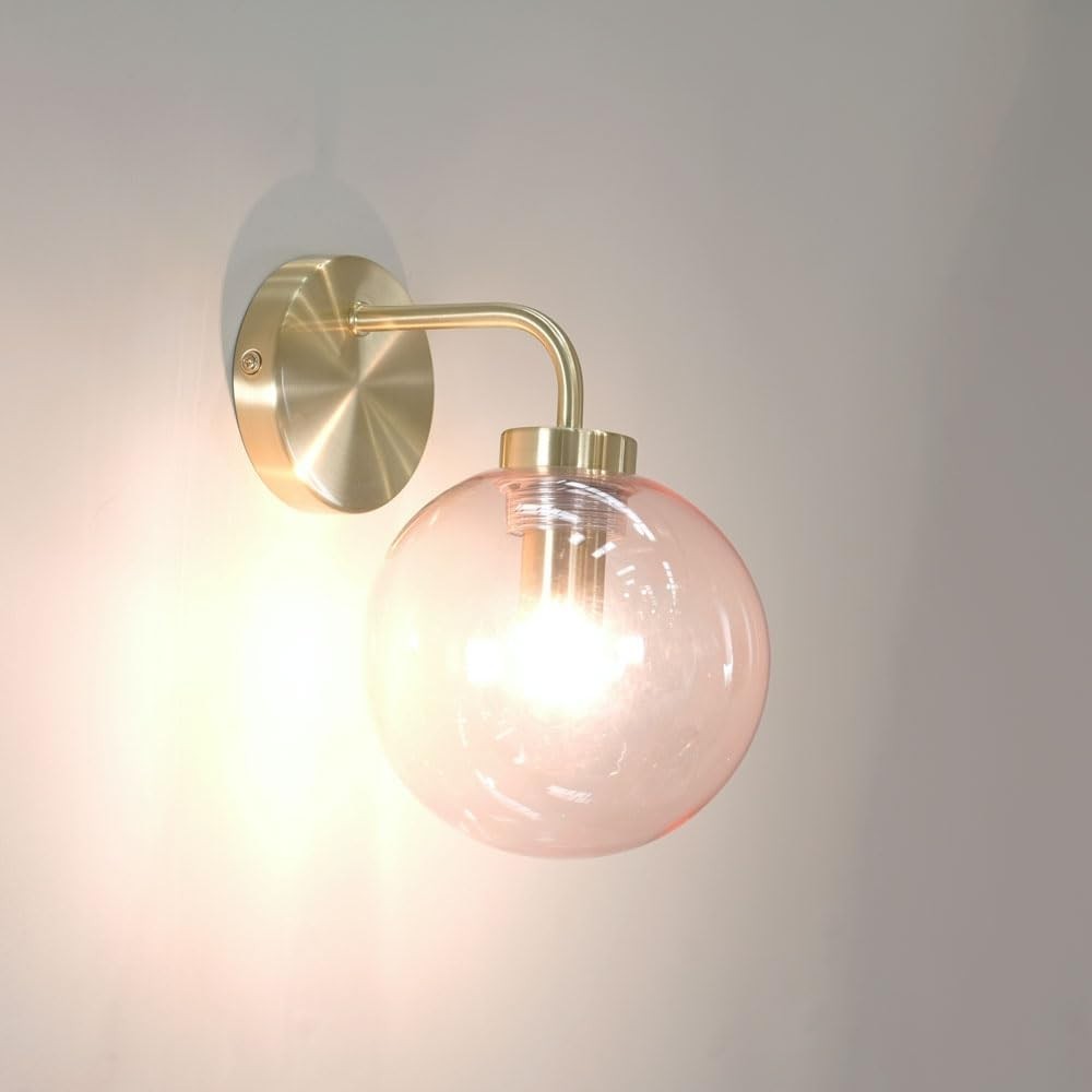 Brushed Gold Wall Lights with Pink Glass Globe Shade, Pair, Elegant Decor