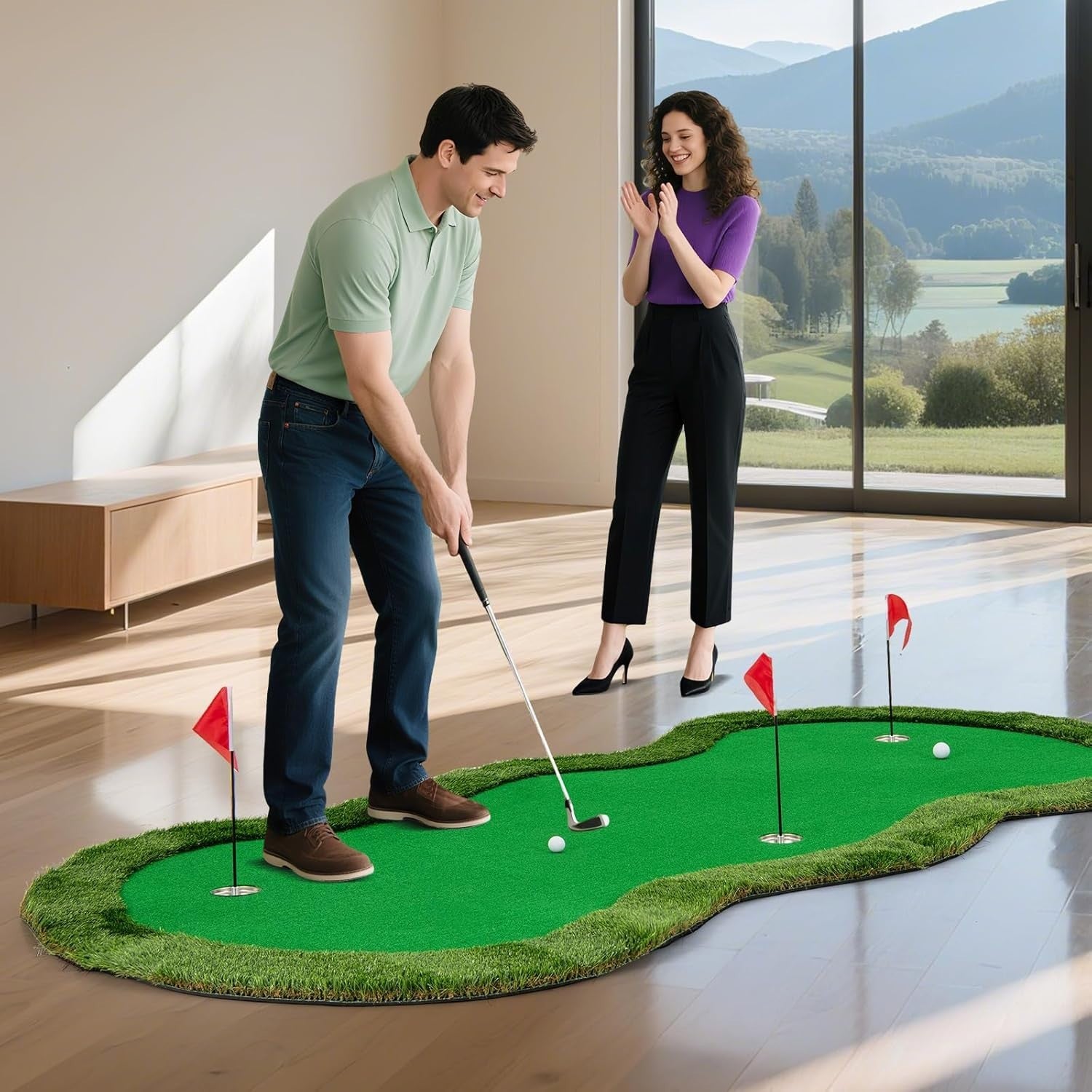 10FT Golf Putting Green Mat Indoor Outdoor Practice w/ 3 Holes & Balls