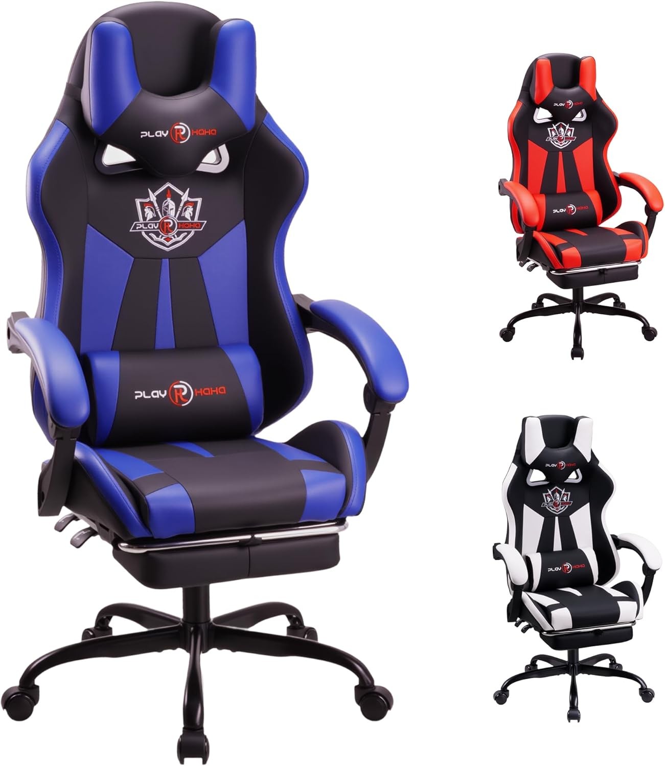 Reclining Gaming Chair with Footrest Ergonomic PU Leather Blue