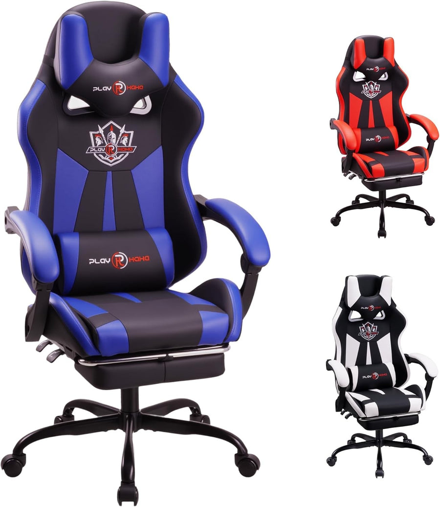 Reclining Gaming Chair with Footrest Ergonomic PU Leather Blue