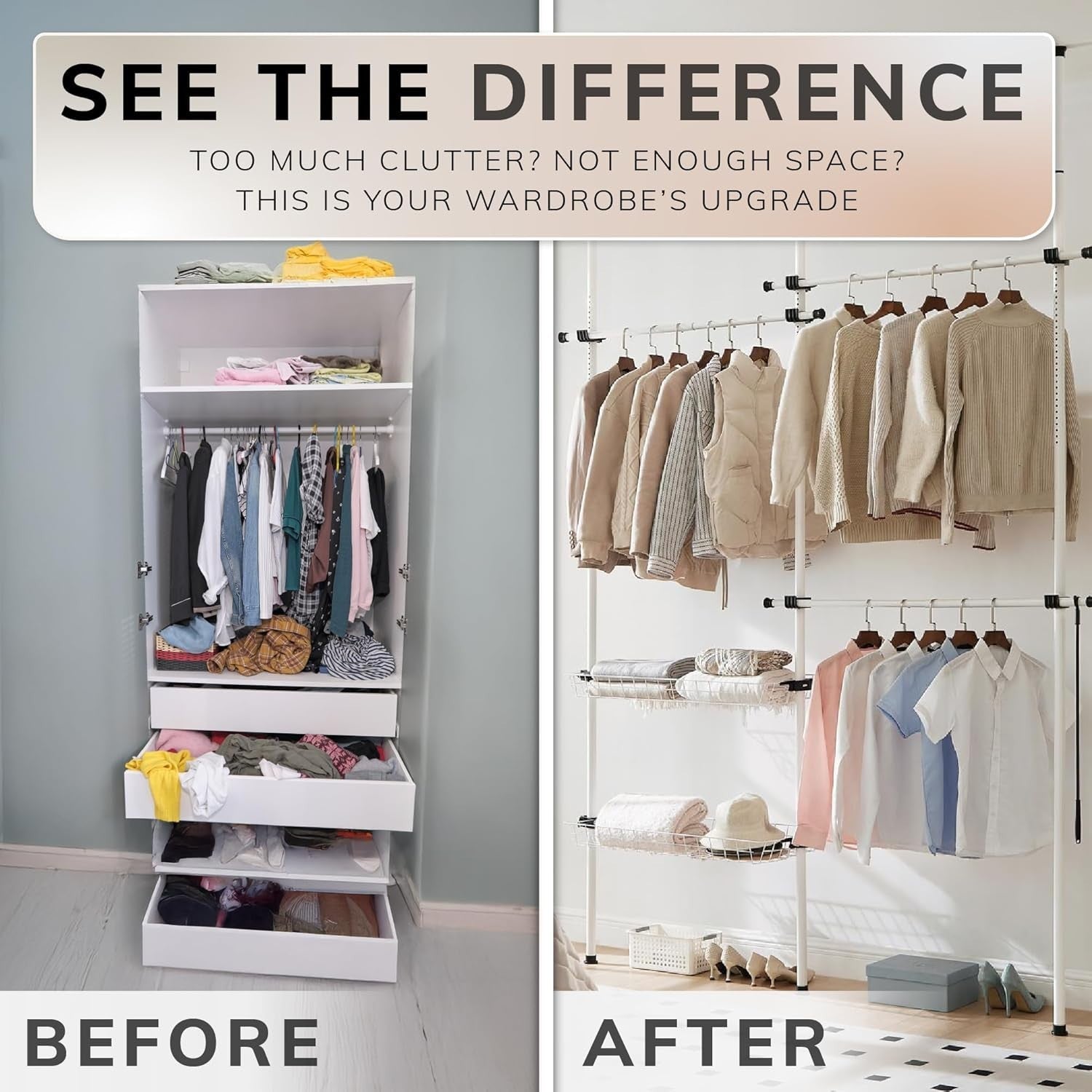 Double Telescopic Wardrobe Organiser with Baskets White