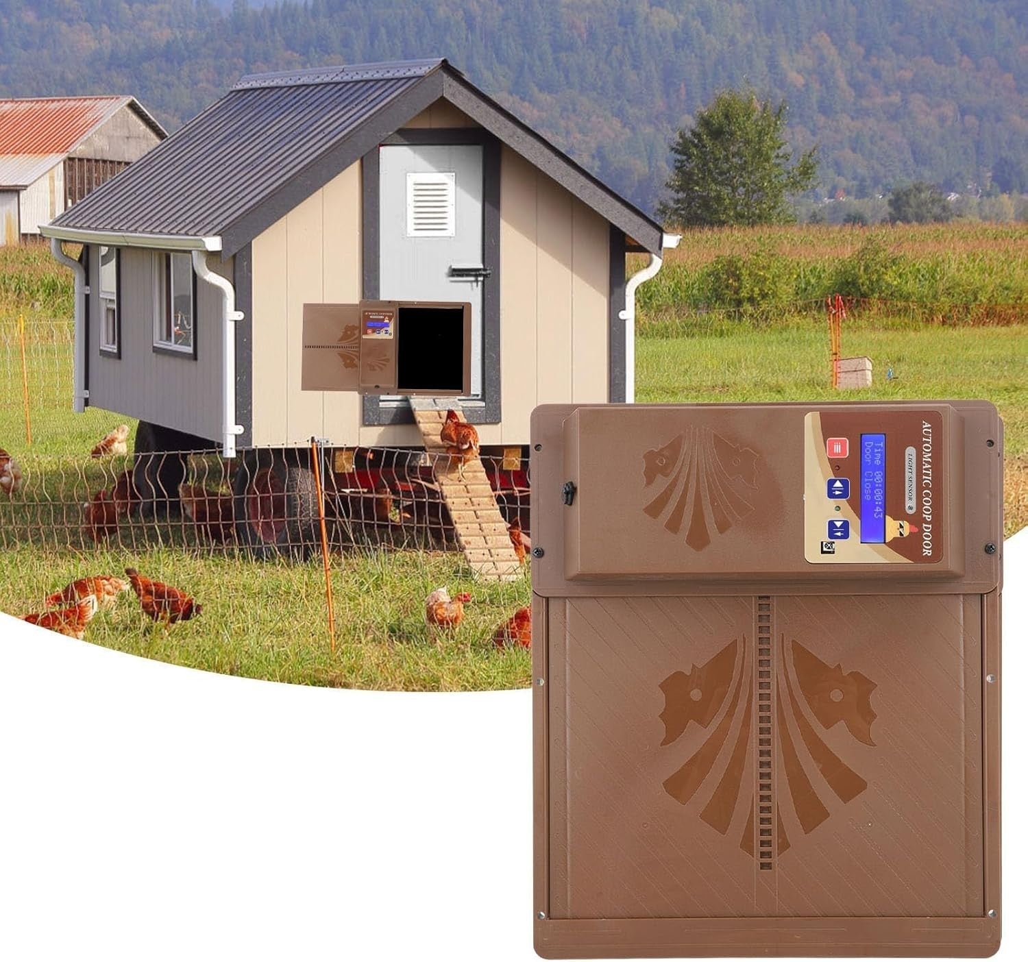 Automatic Chicken Coop Door Opener Timer Light Sensor Brown
