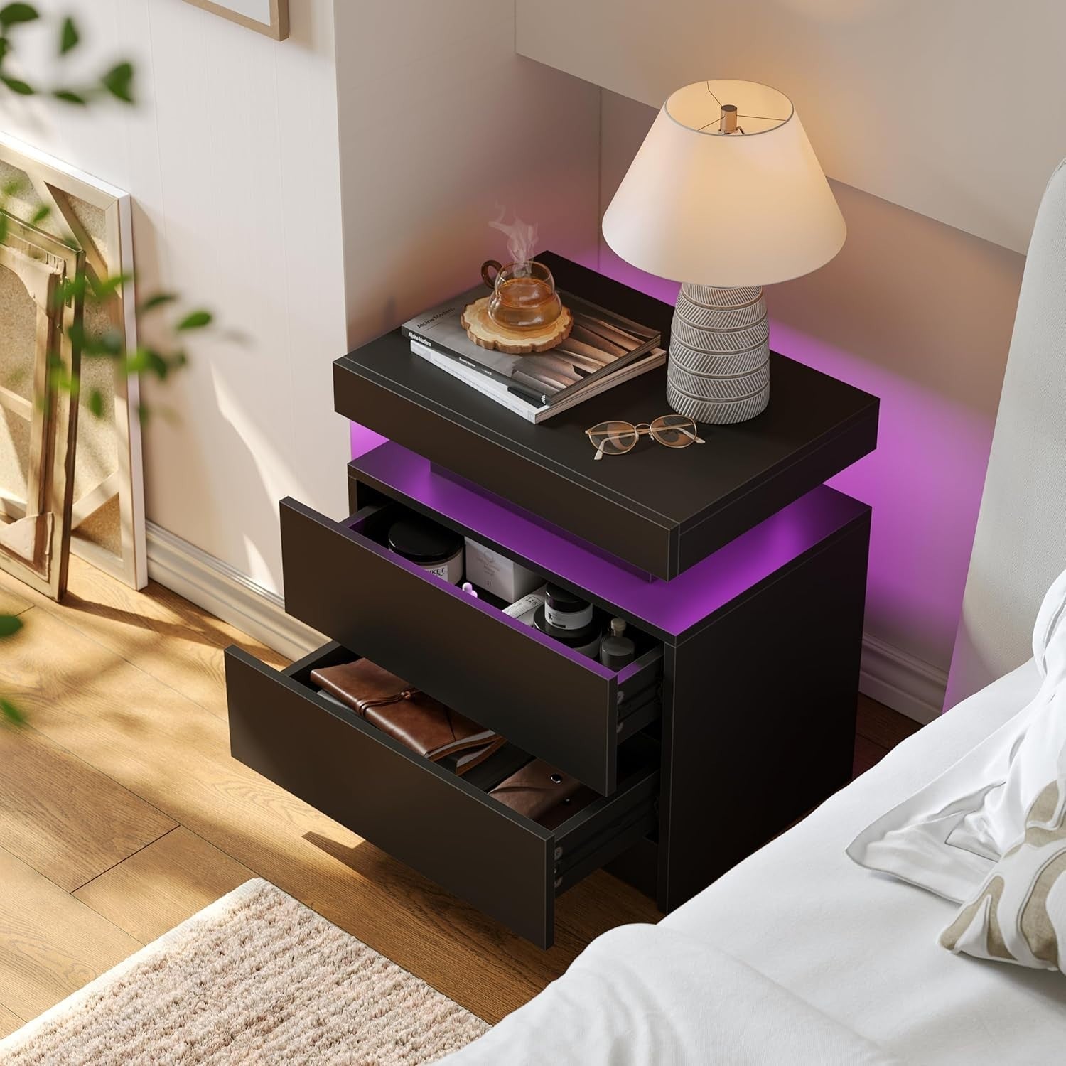 Modern Black LED Bedside Tables Set of 2 with RGB Lights & Drawers