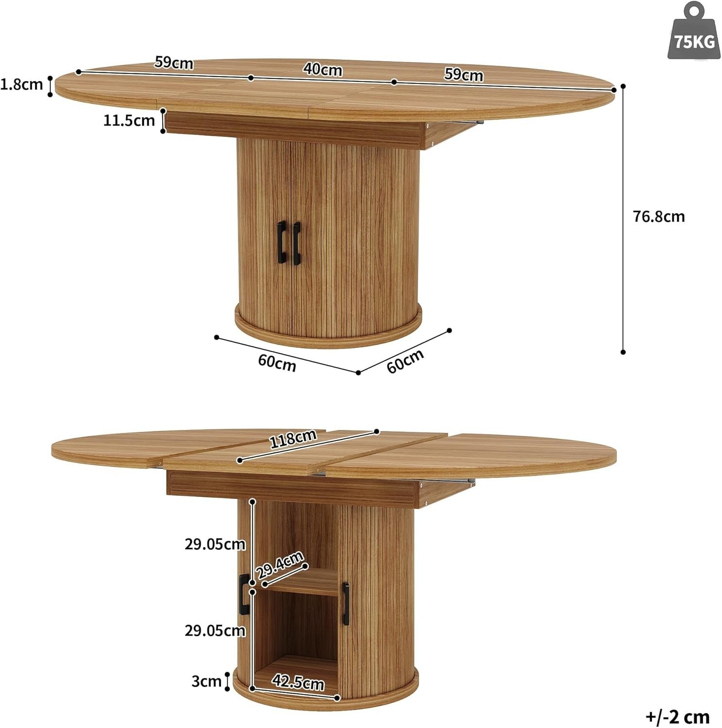 Extendable Round Dining Table Walnut Storage 118-158cm Oval
