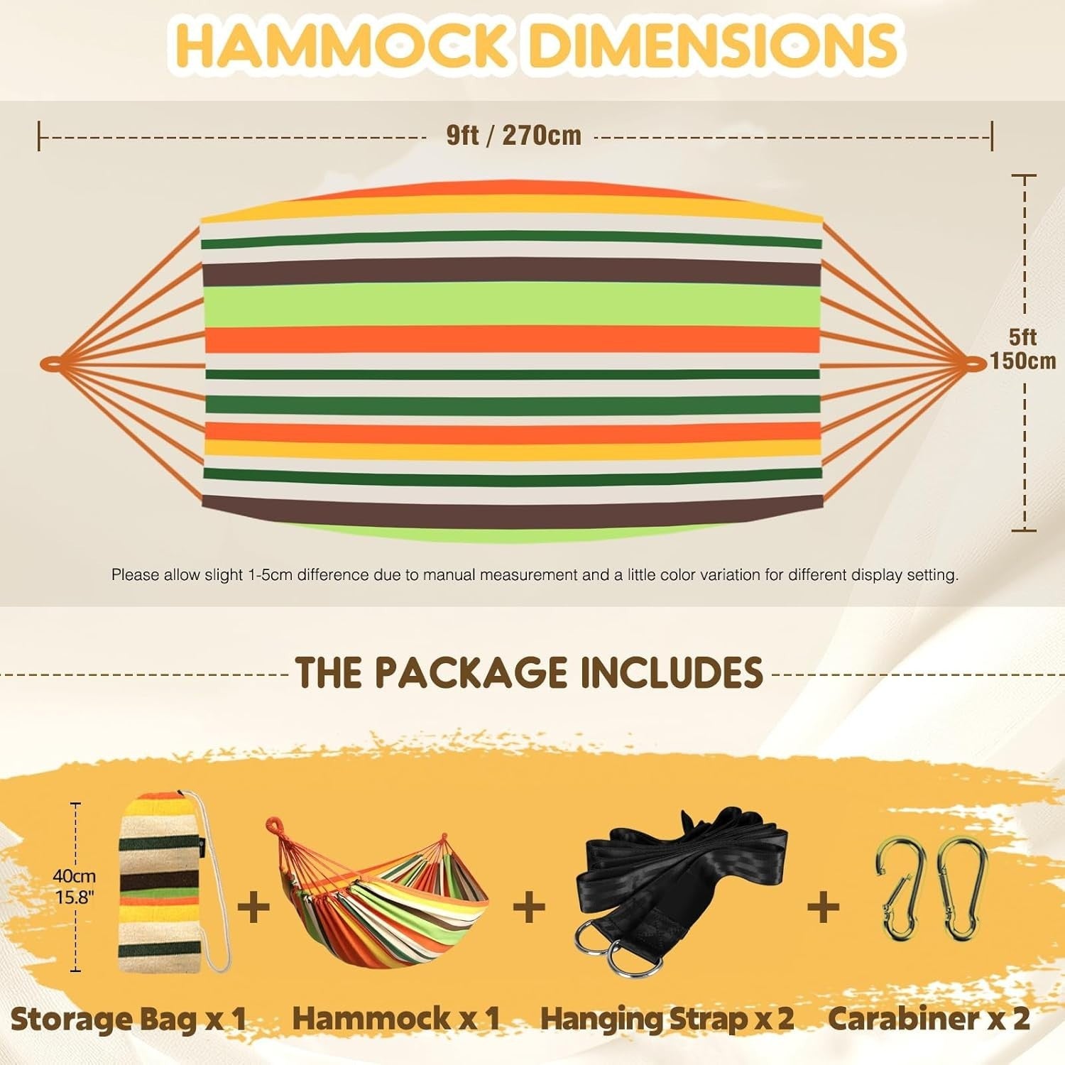 Portable Cotton Hammock with Tree Straps & Travel Bag, 204lb Capacity