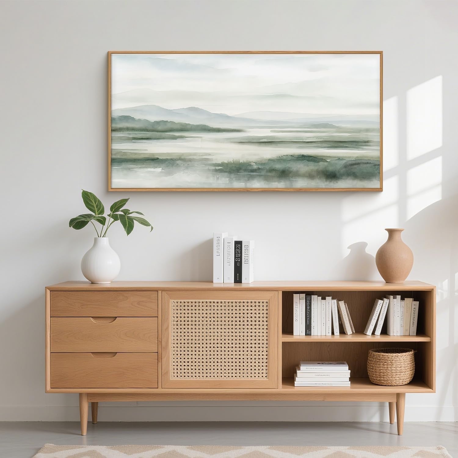 Large Green Mountain Canvas Wall Art Watercolor Landscape Framed 20x40