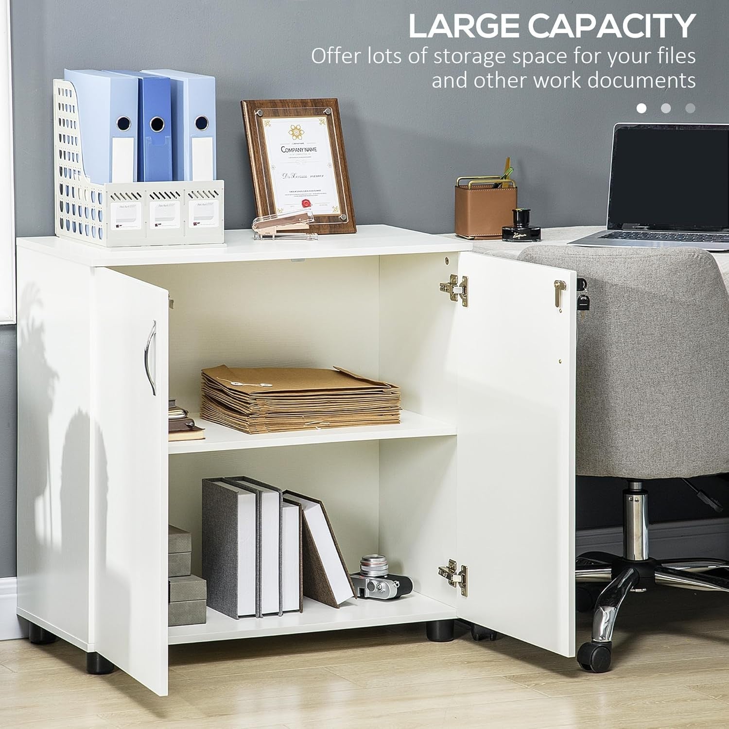 Lockable Filing Cabinet 2-Door Storage Cupboard, 80cm White Office Unit