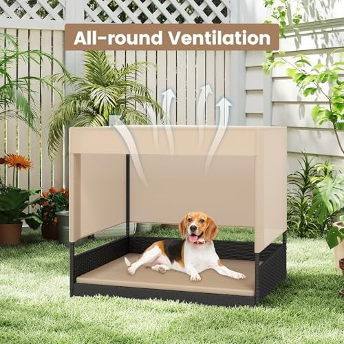 Wicker Pet House with Cushion & Roof, Raised Rattan Dog Bed for Small Dogs
