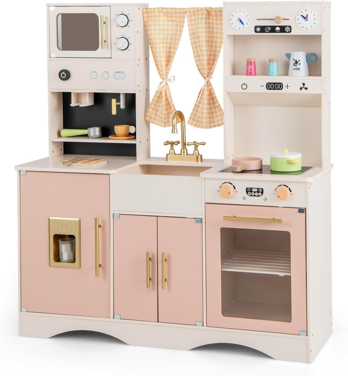 Kids Wooden Play Kitchen Pink w/ Ice Maker Microwave 17 Accessories