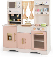 Kids Wooden Play Kitchen Pink w/ Ice Maker Microwave 17 Accessories