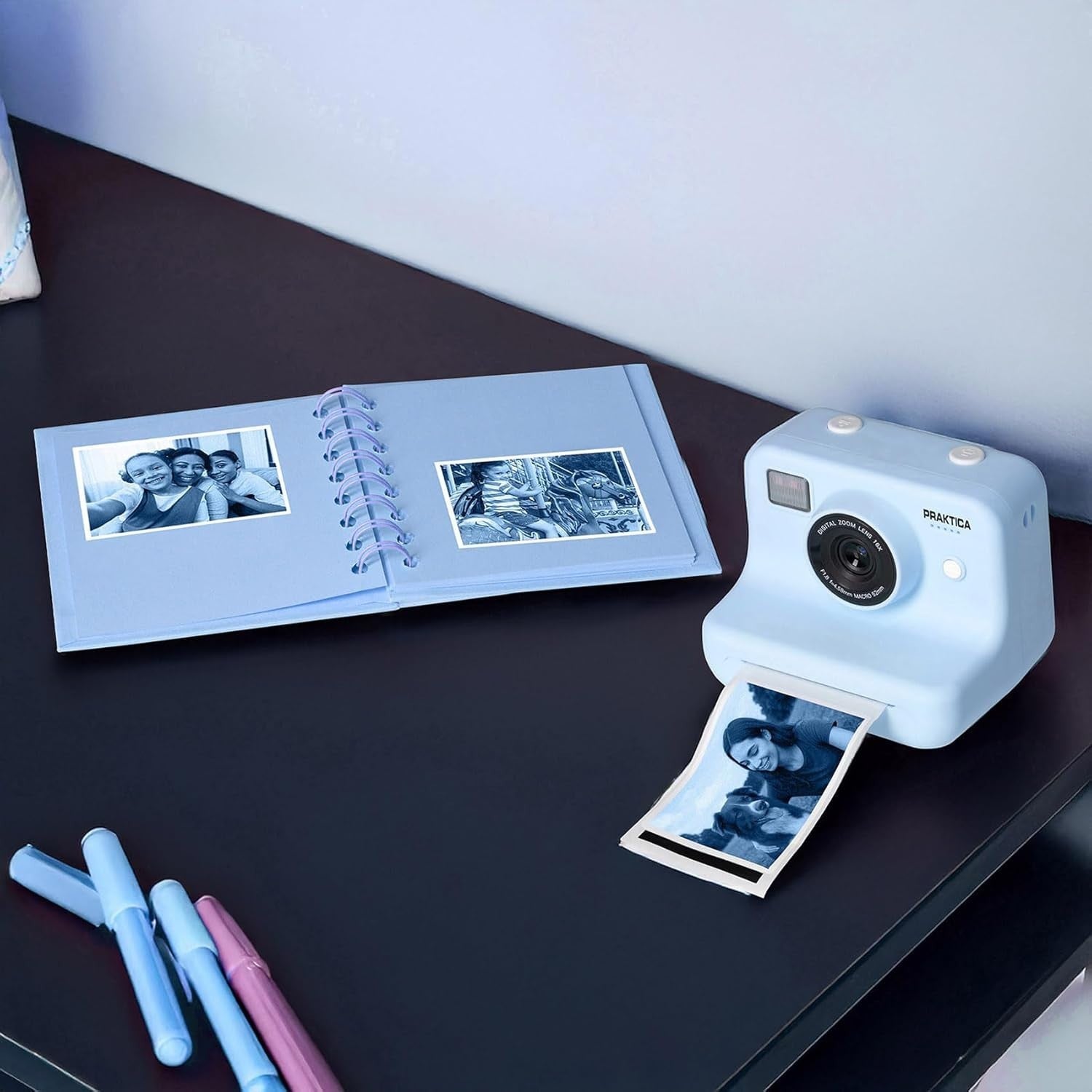 Kids Instant Print Sticker Camera Blue Dual Lens 120 Stickers Kit