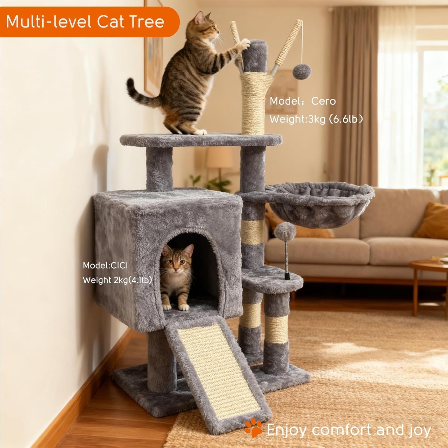 Cat Tree Tower Indoor with Hammock Condo Sisal Scratching Posts Play Centre
