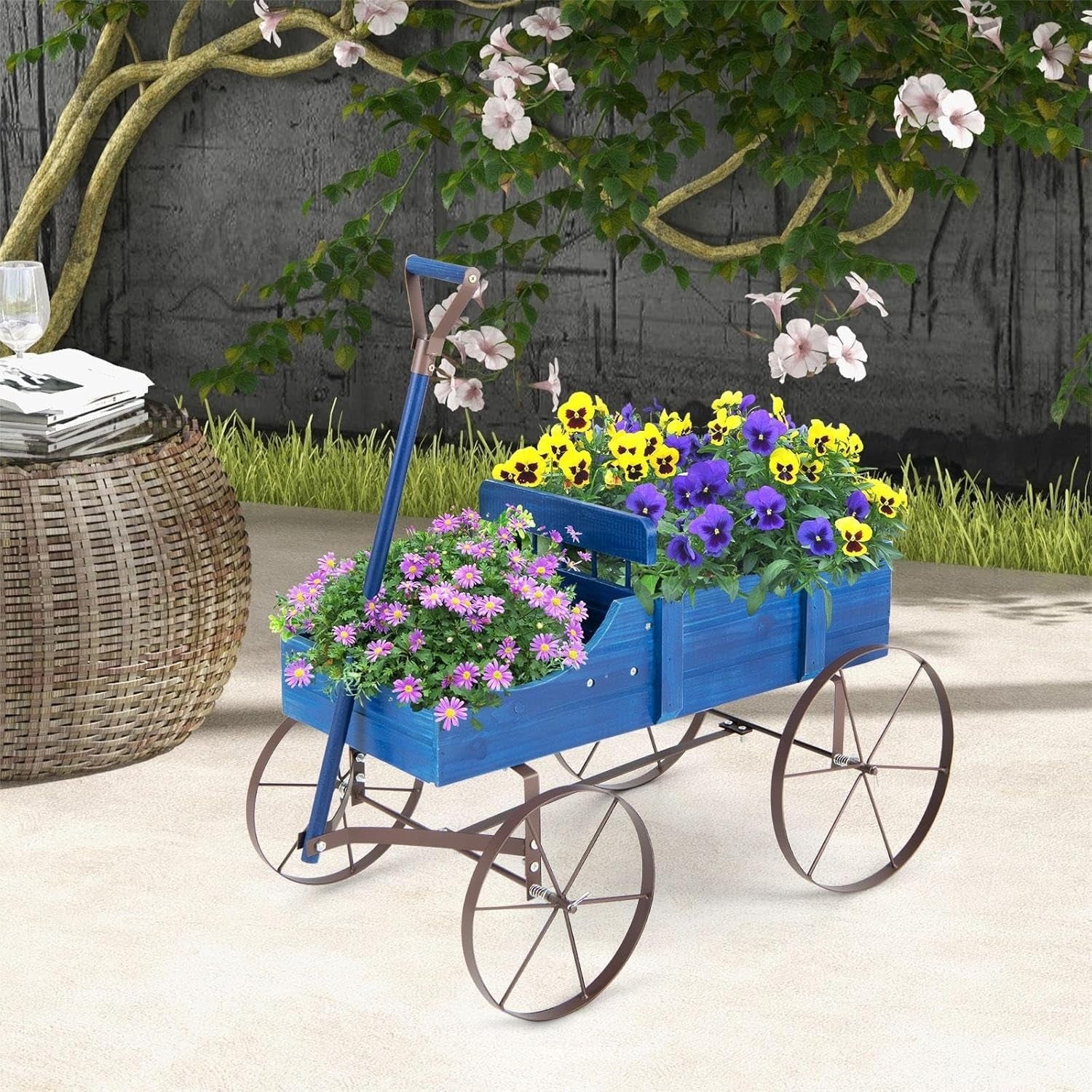 Blue Wooden Garden Wagon Planter Decorative Flower Cart w/ Handle & Wheels