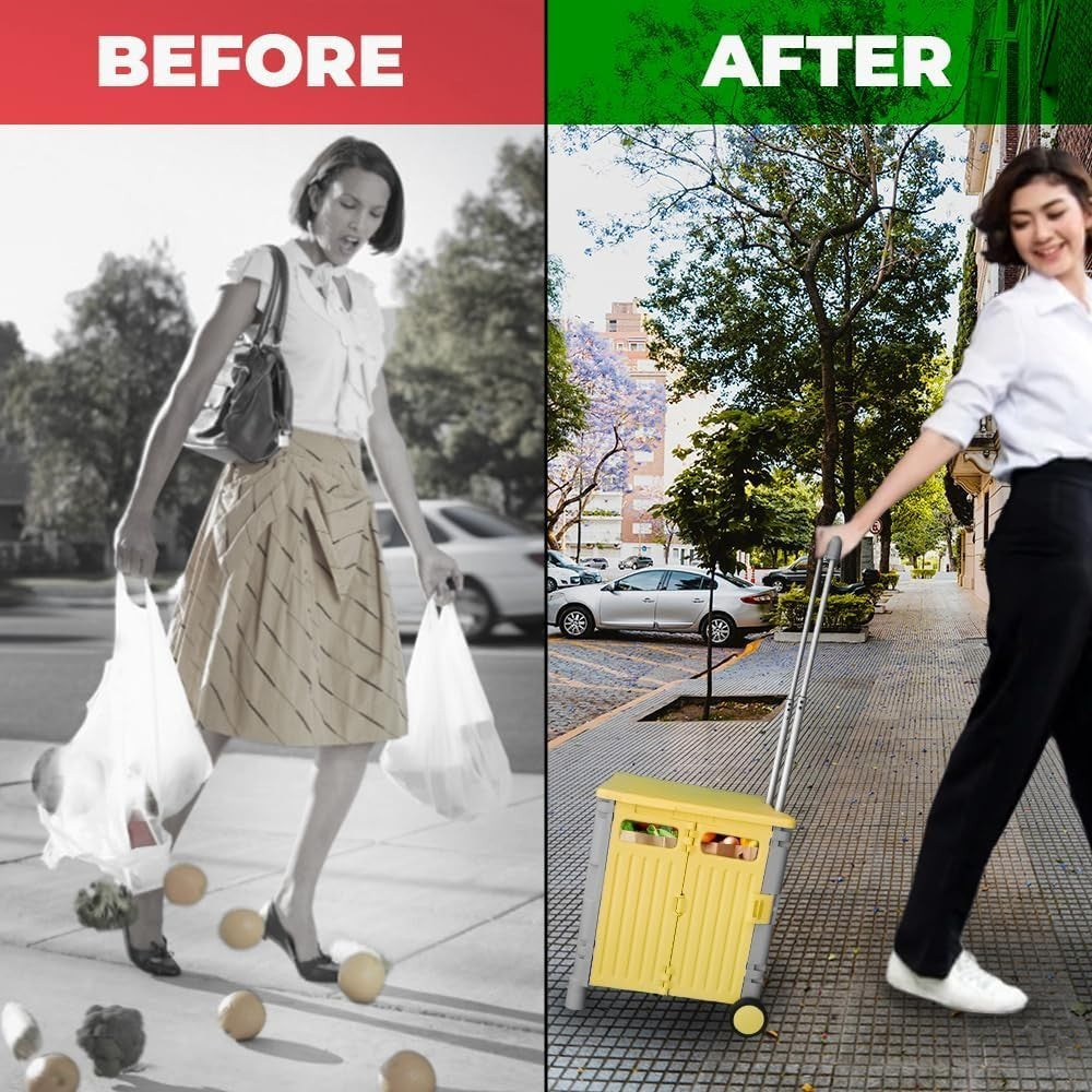 50L Foldable Shopping Trolley Cart with 2 Wheels & Telescopic Handle Yellow