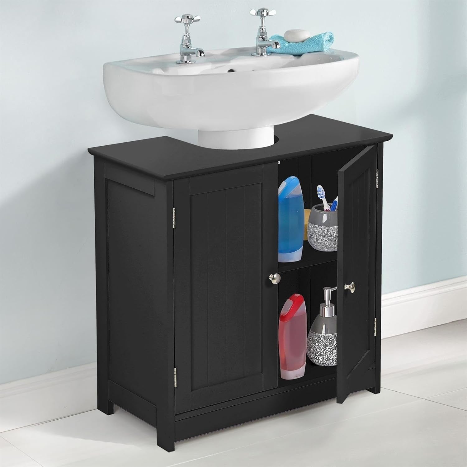 Under Sink Bathroom Cabinet Black | Compact 2-Door Storage Unit 60x60x30cm