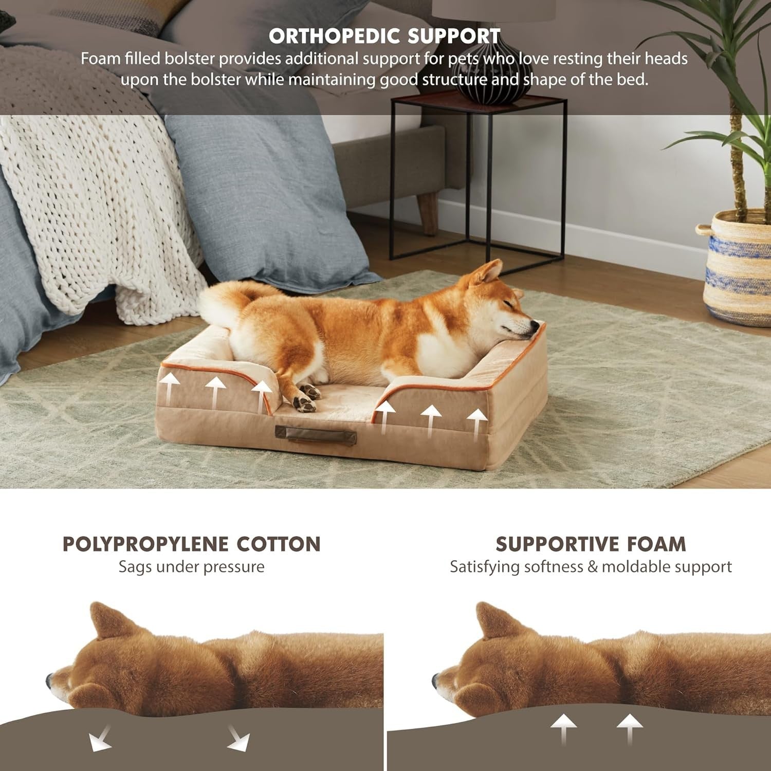 Medium Orthopedic Memory Foam Dog Bed Washable Sofa U-Shape Bolster Khaki