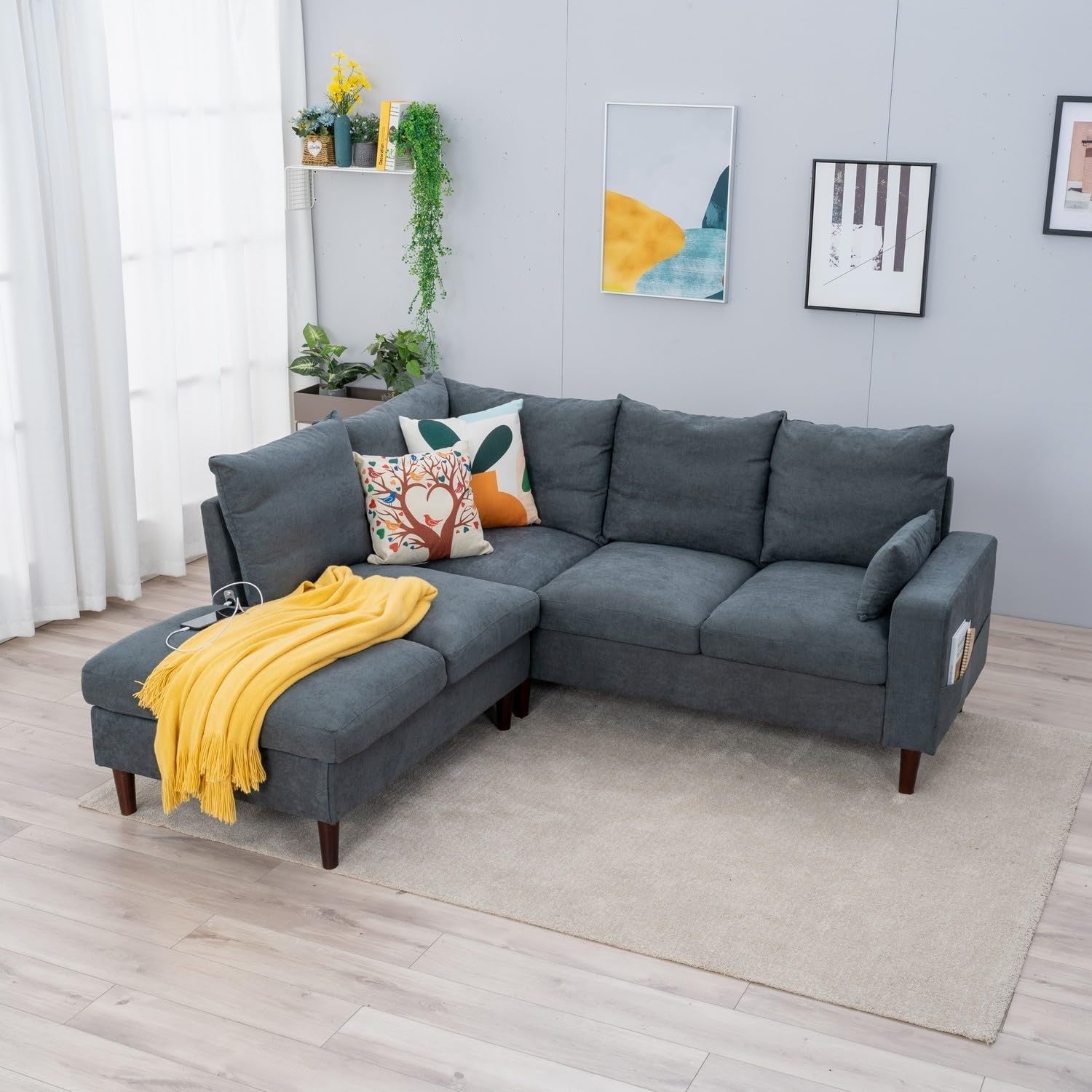 5 Seater Corner Sofa with Chaise Grey Fabric USB Modern L Shape Couch Set