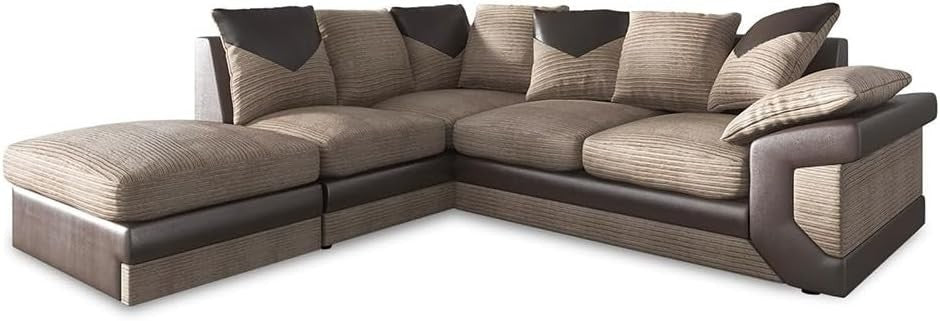 Left Hand Corner Sofa Brown Beige 5 Seater Couch w/ Footstool & Covers