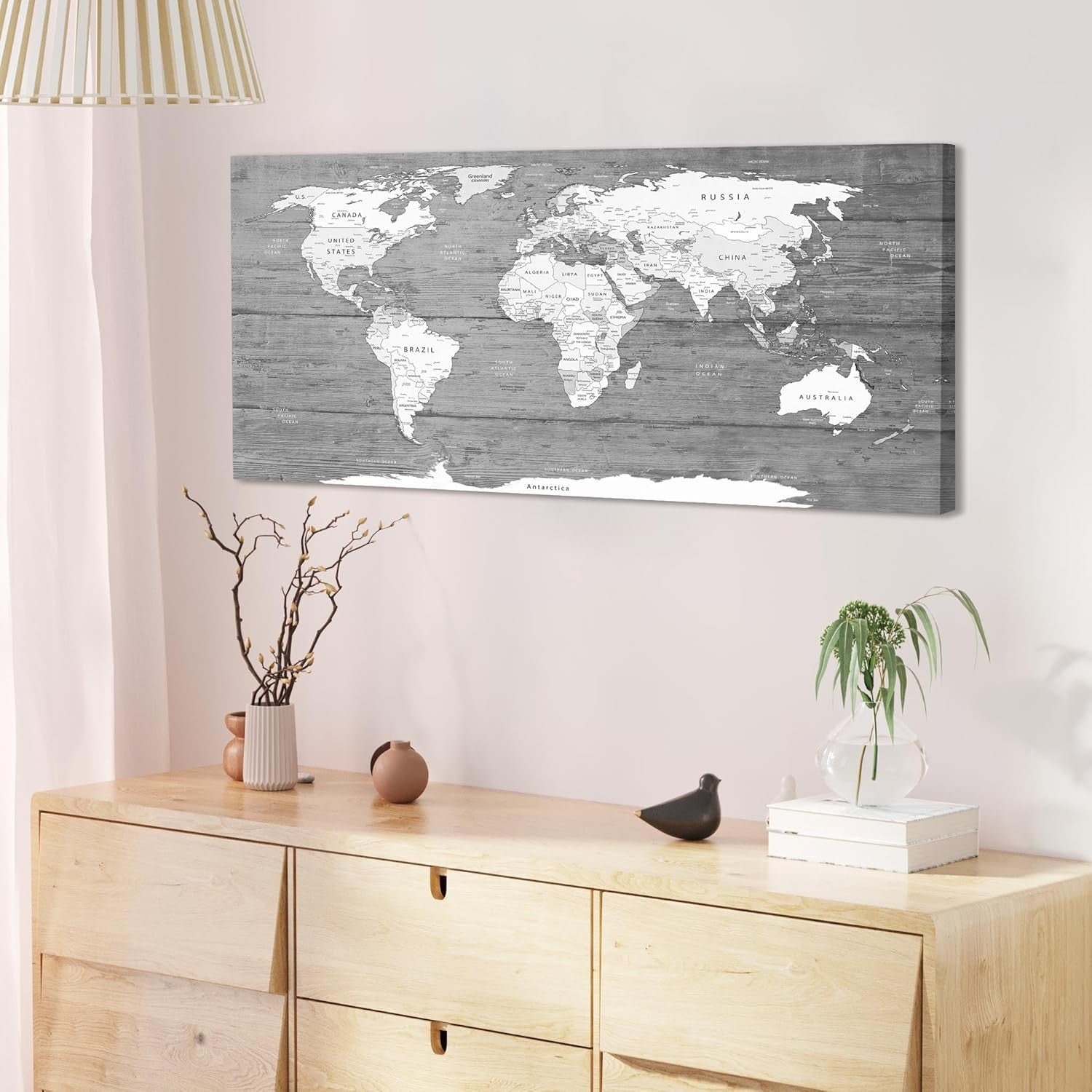 Grey White World Map Canvas Wall Art 118x49cm Modern Home Decor