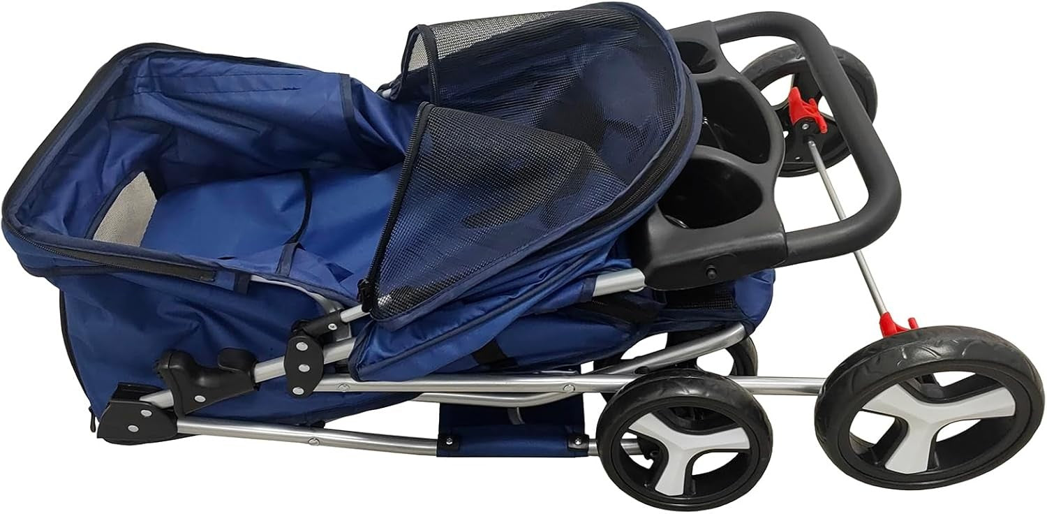 Pet Travel Stroller Dog Cat Pushchair Foldable Swivel Wheels 15kg Navy Blue